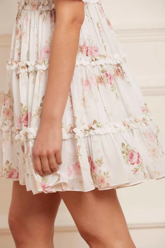 Women Printed Dresses Needle and Thread Trailing Blooms Chiffon Smocked Micro Mini Dress Multi