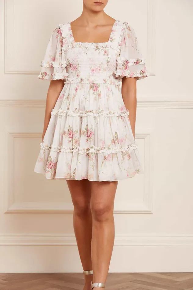Women Printed Dresses Needle and Thread Trailing Blooms Chiffon Smocked Micro Mini Dress Multi