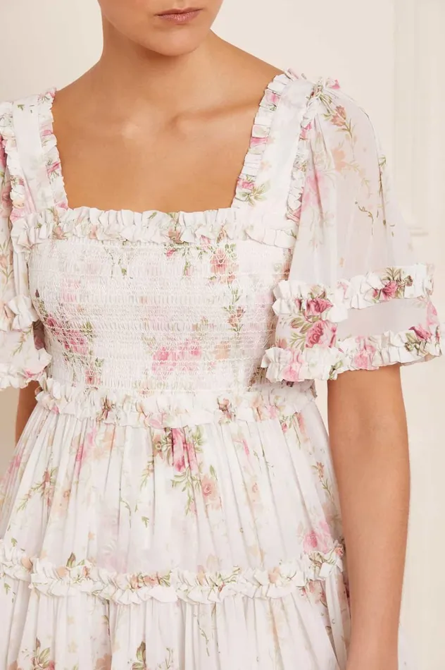 Women Printed Dresses Needle and Thread Trailing Blooms Chiffon Smocked Micro Mini Dress Multi