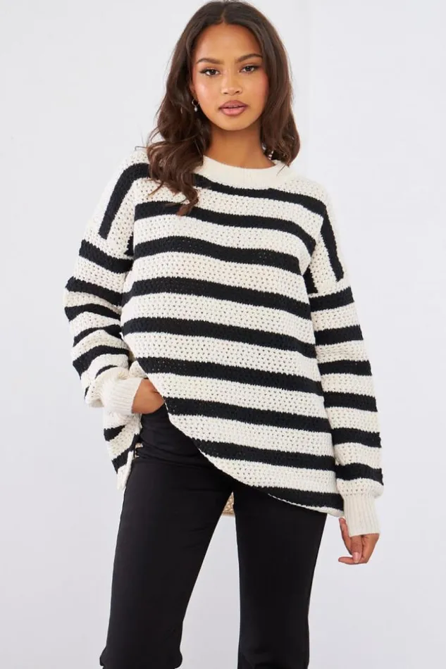 Women Pull Blanc Rayures Noires White Brentiny Paris Sweaters and Sweatshirts