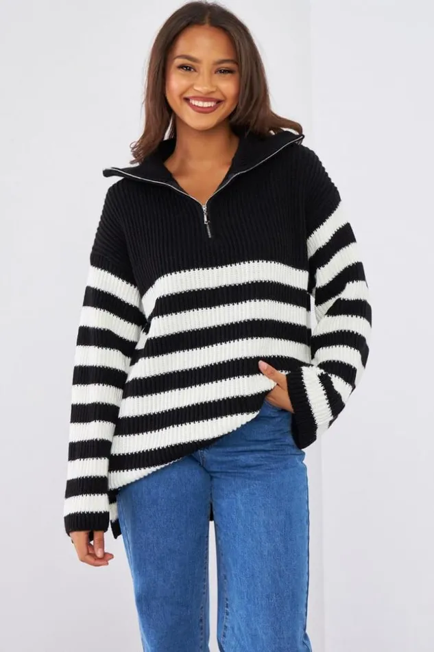 Women Pull Noir Et Blanc Rayures Black Brentiny Paris Sweaters and Sweatshirts