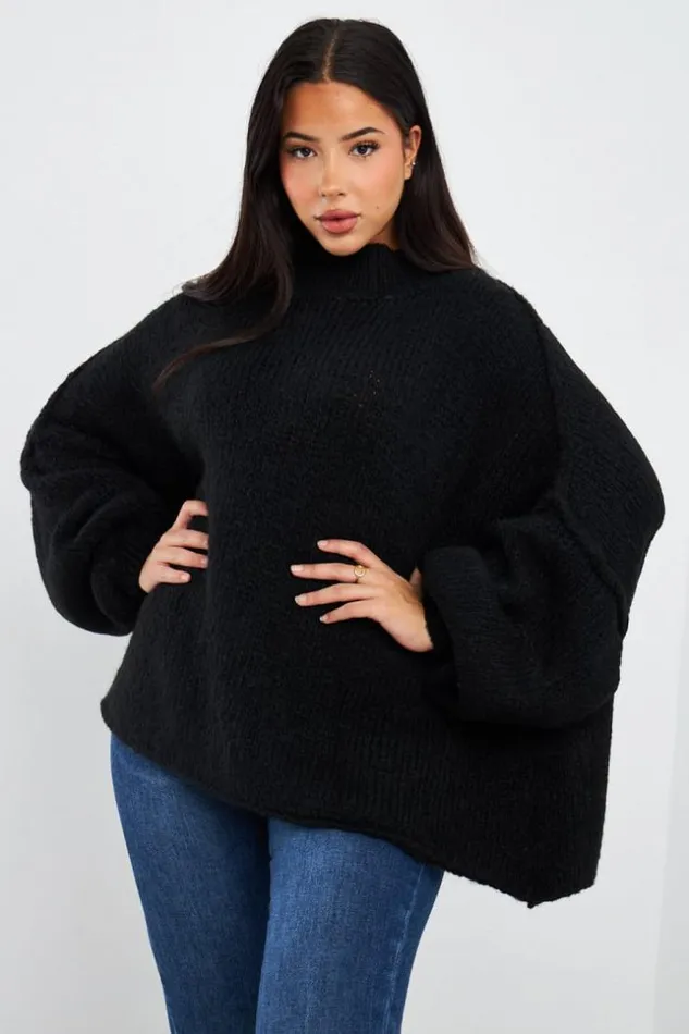 Women Pull Noir Textur Col Montant Black Brentiny Paris Sweaters and Sweatshirts