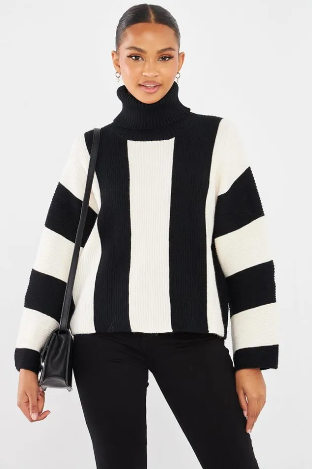 Women Pull Rayures Bicolore Noircru Black Brentiny Paris Sweaters and Sweatshirts