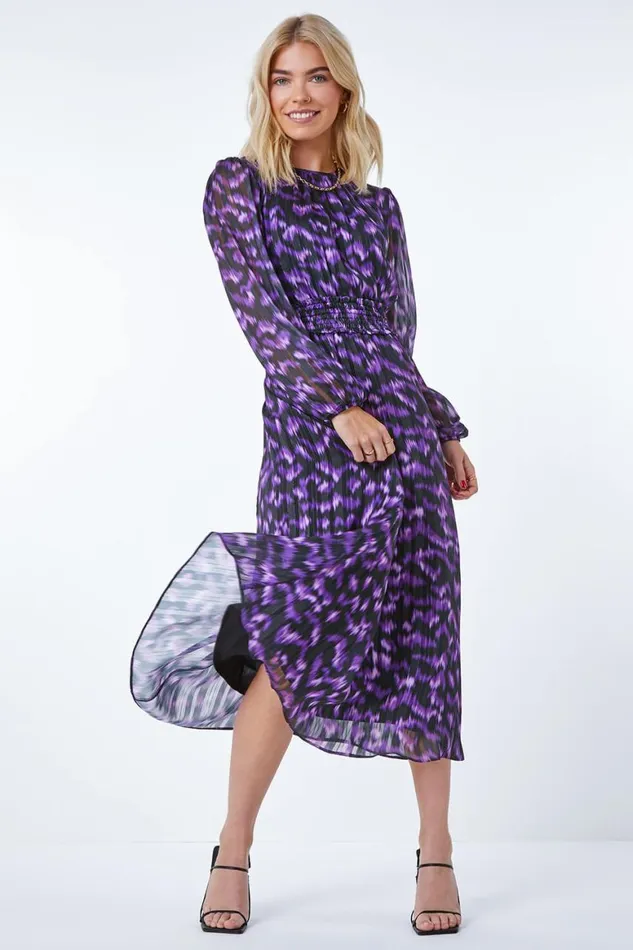 Women Purple Abstract Animal Shirred Midi Dress Roman Dresses