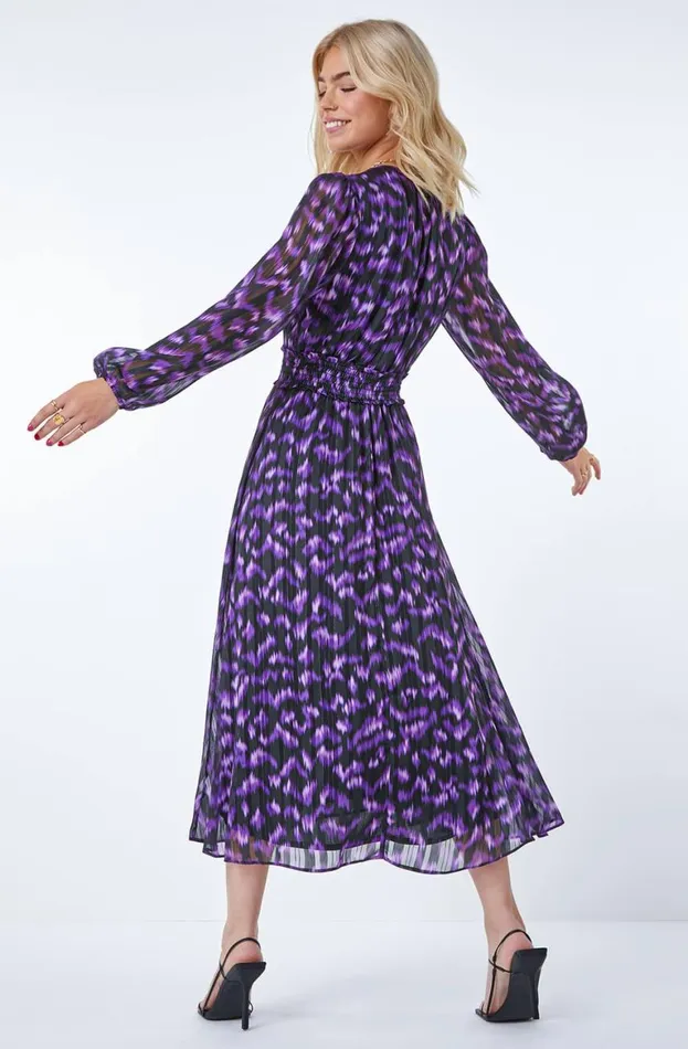 Women Purple Abstract Animal Shirred Midi Dress Roman Dresses