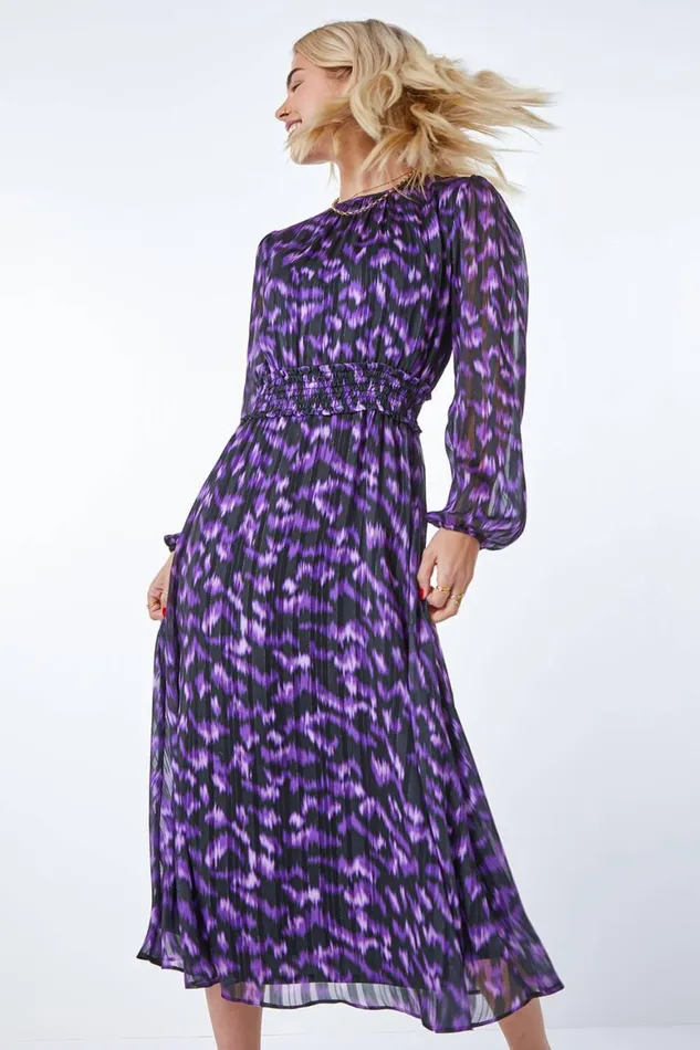 Women Purple Abstract Animal Shirred Midi Dress Roman Dresses