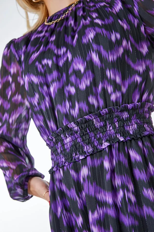 Women Purple Abstract Animal Shirred Midi Dress Roman Dresses