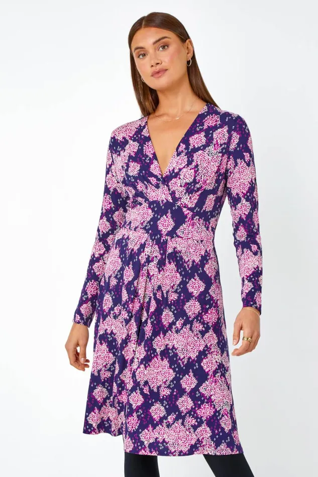 Women Purple Abstract Aztec Gathered Stretch Dress Roman Dresses