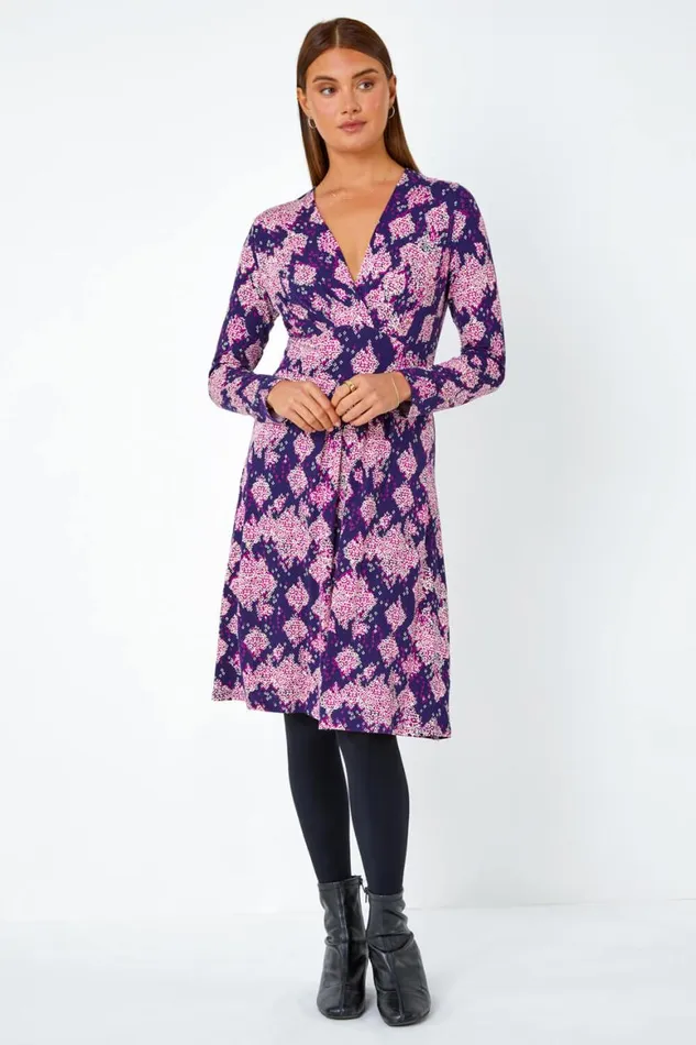 Women Purple Abstract Aztec Gathered Stretch Dress Roman Dresses