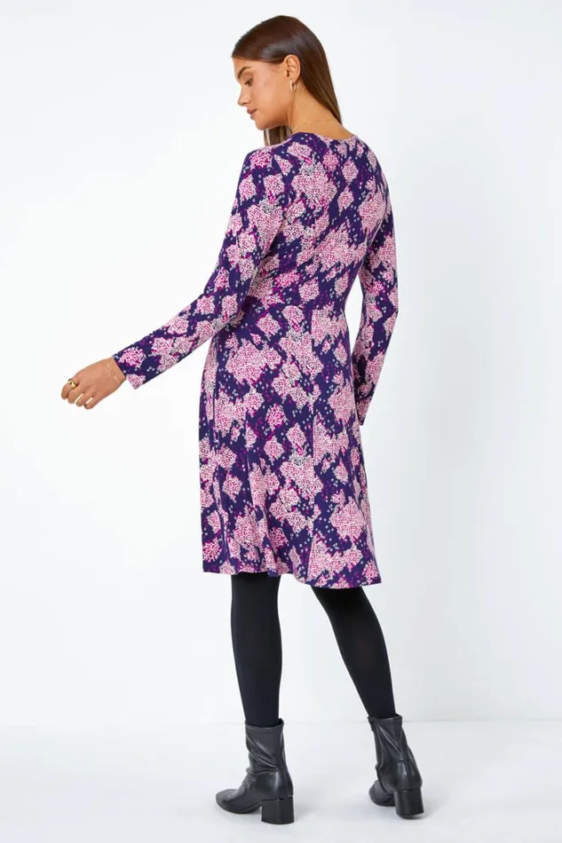 Women Purple Abstract Aztec Gathered Stretch Dress Roman Dresses