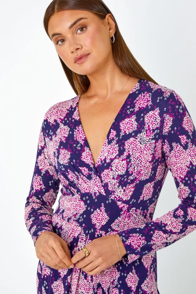 Women Purple Abstract Aztec Gathered Stretch Dress Roman Dresses