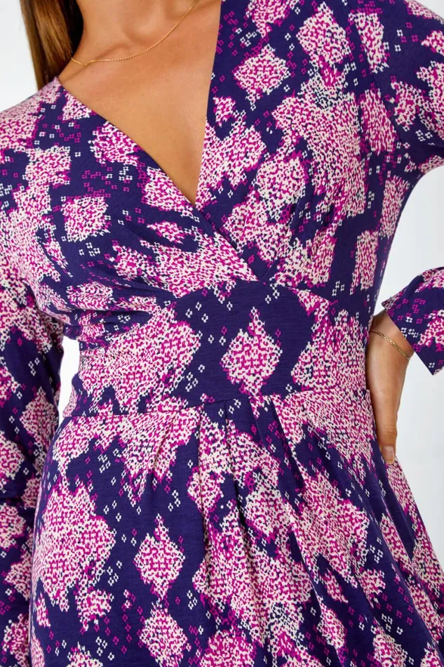 Women Purple Abstract Aztec Gathered Stretch Dress Roman Dresses