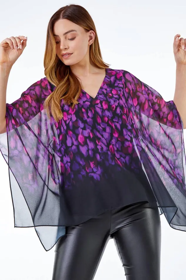 Women Purple Abstract Chiffon Overlay Top Roman Tops