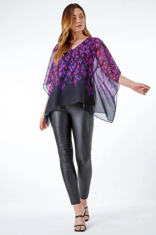 Women Purple Abstract Chiffon Overlay Top Roman Tops