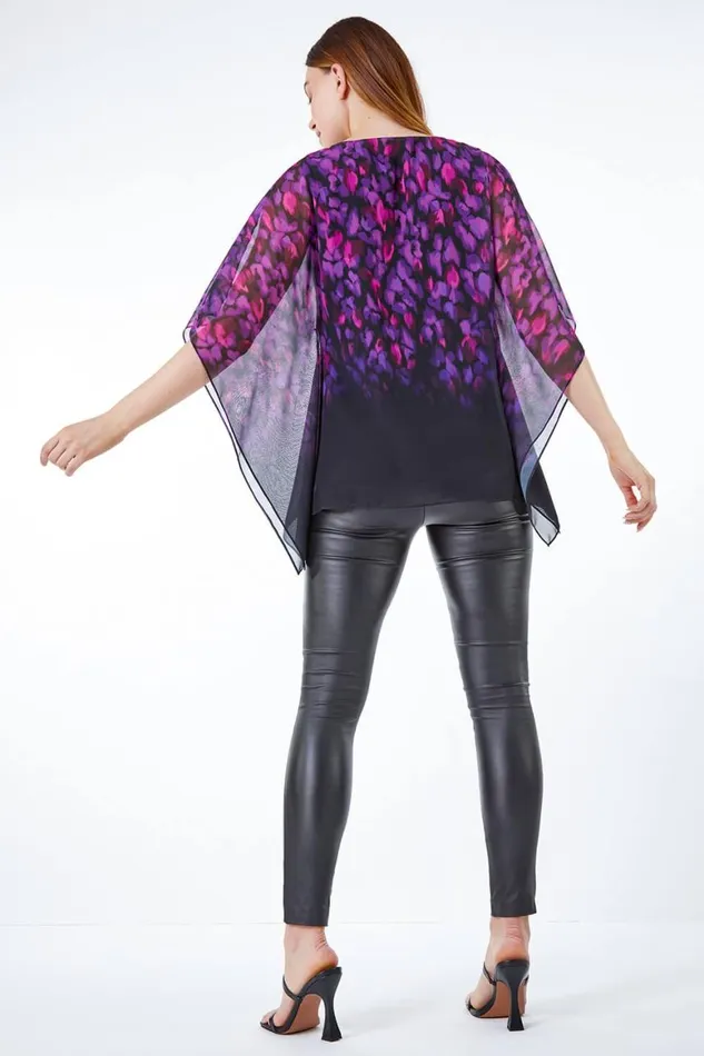 Women Purple Abstract Chiffon Overlay Top Roman Tops
