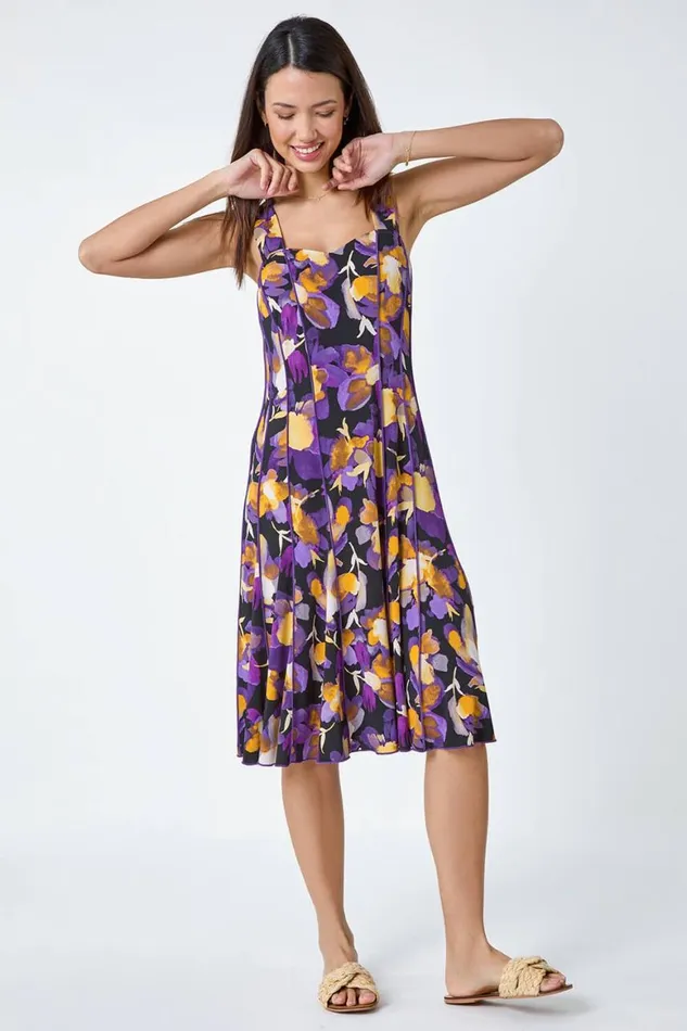 Women Purple Abstract Floral Print Stretch Panel Dress Roman Dresses