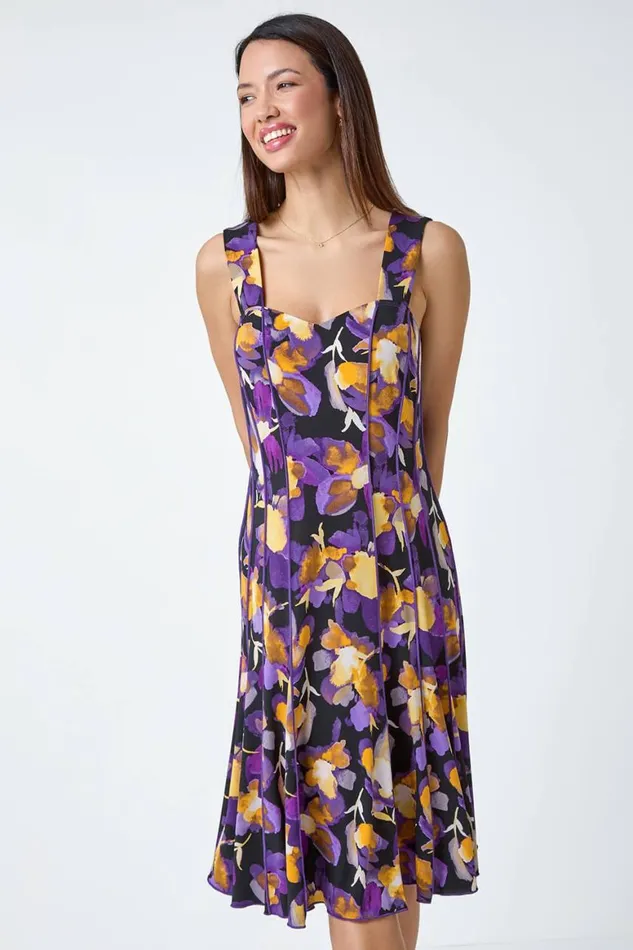 Women Purple Abstract Floral Print Stretch Panel Dress Roman Dresses