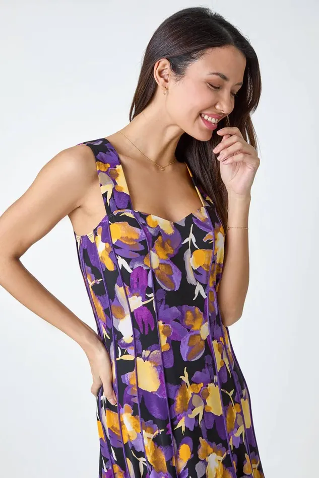 Women Purple Abstract Floral Print Stretch Panel Dress Roman Dresses