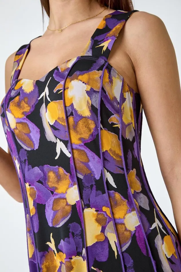 Women Purple Abstract Floral Print Stretch Panel Dress Roman Dresses