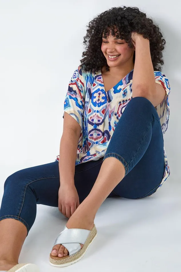 Women Purple Curve Aztec Print VNeck Pleat Front Top Roman Tops