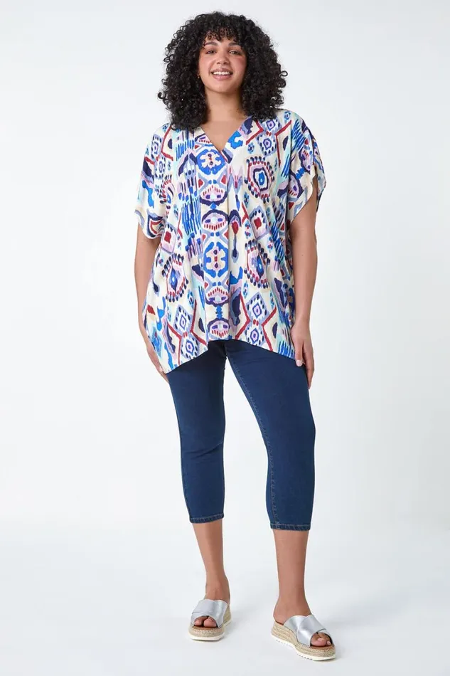 Women Purple Curve Aztec Print VNeck Pleat Front Top Roman Tops