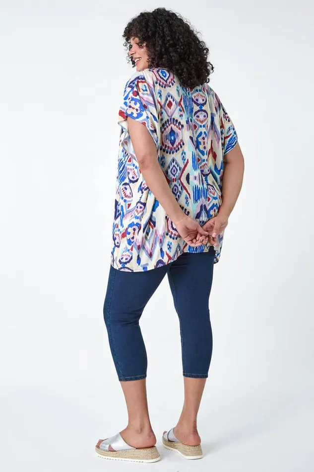 Women Purple Curve Aztec Print VNeck Pleat Front Top Roman Tops
