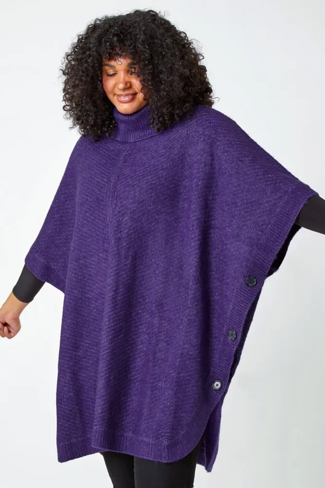 Women Purple Curve Button Detail Stretch Poncho Roman Knitwear
