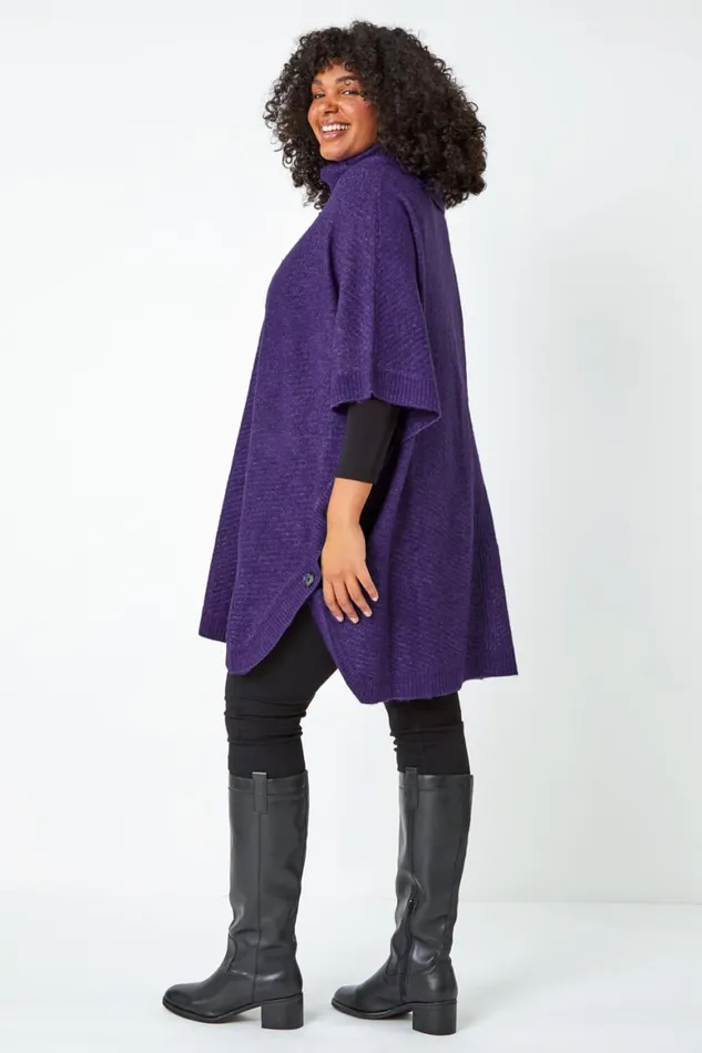 Women Purple Curve Button Detail Stretch Poncho Roman Knitwear