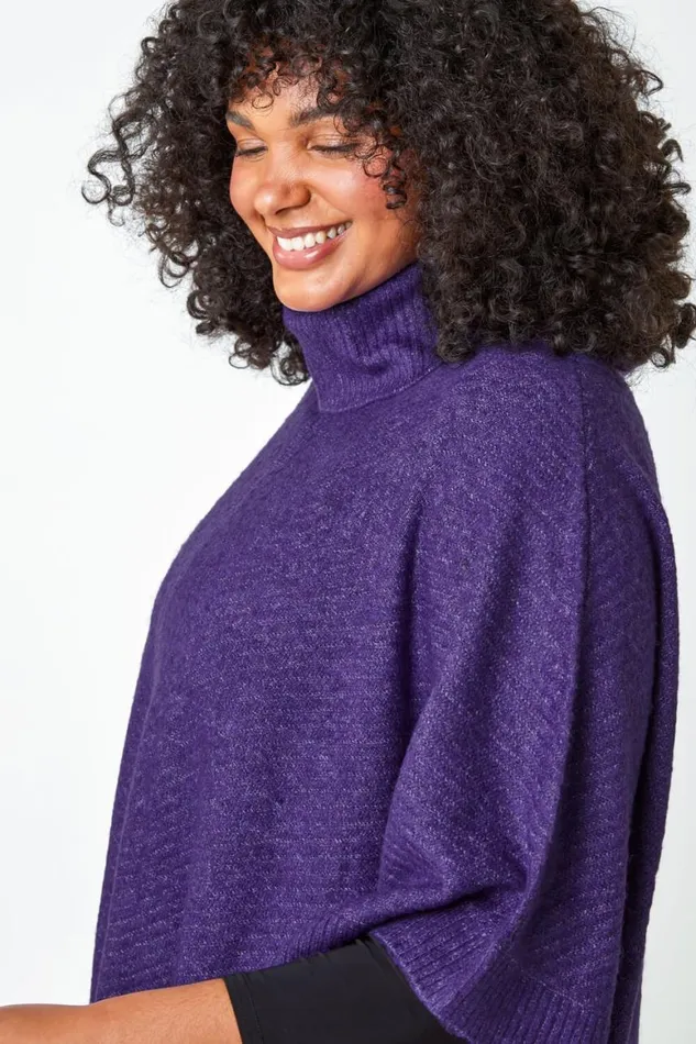 Women Purple Curve Button Detail Stretch Poncho Roman Knitwear
