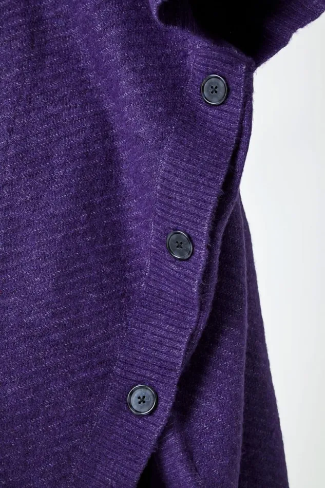 Women Purple Curve Button Detail Stretch Poncho Roman Knitwear
