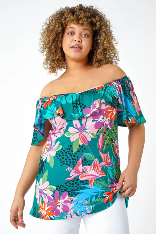 Women Purple Curve Floral Print Bardot Stretch Top Roman Tops