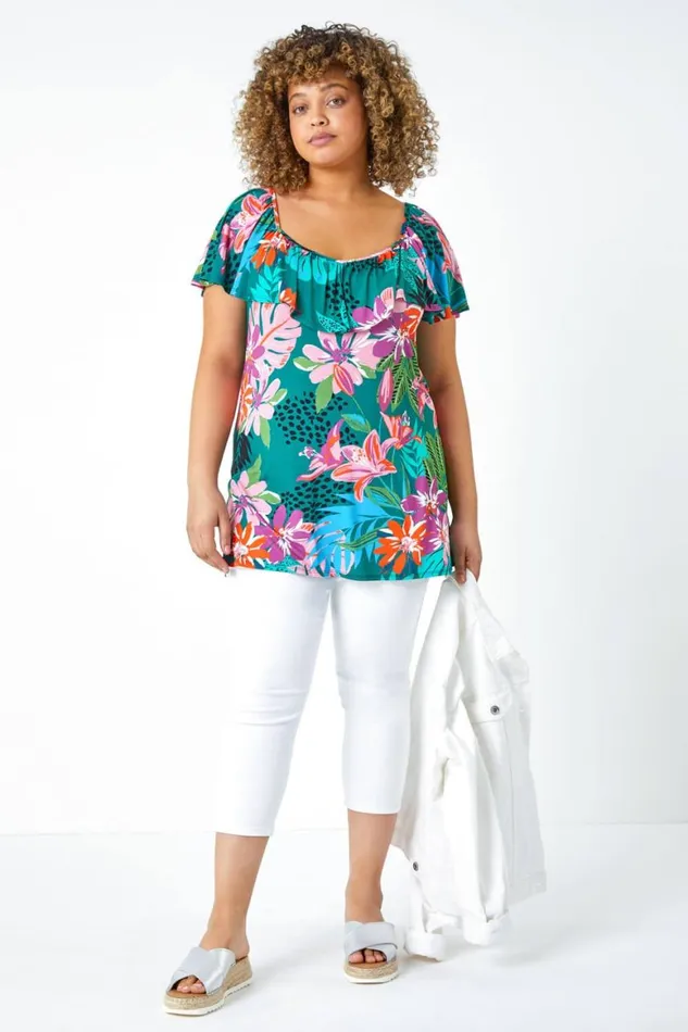 Women Purple Curve Floral Print Bardot Stretch Top Roman Tops