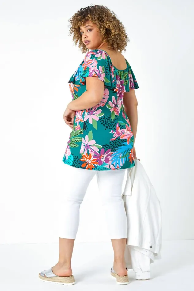 Women Purple Curve Floral Print Bardot Stretch Top Roman Tops