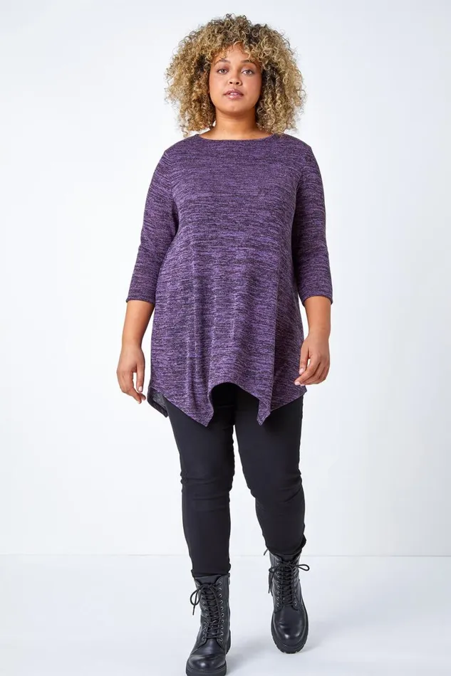 Women Purple Curve Glitter Stretch Hanky Hem Tunic Top Roman Tops