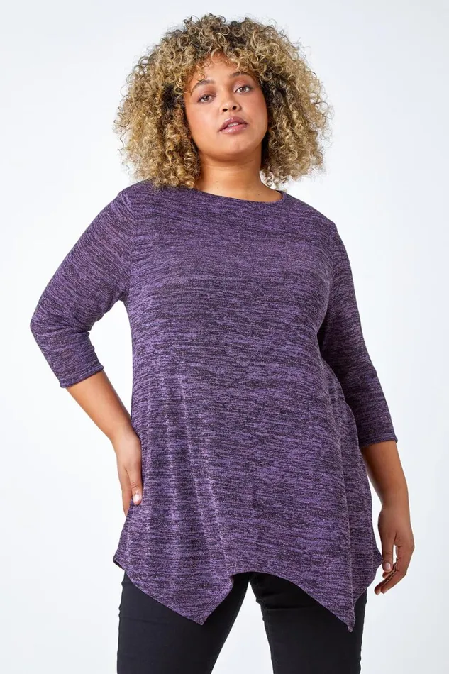 Women Purple Curve Glitter Stretch Hanky Hem Tunic Top Roman Tops