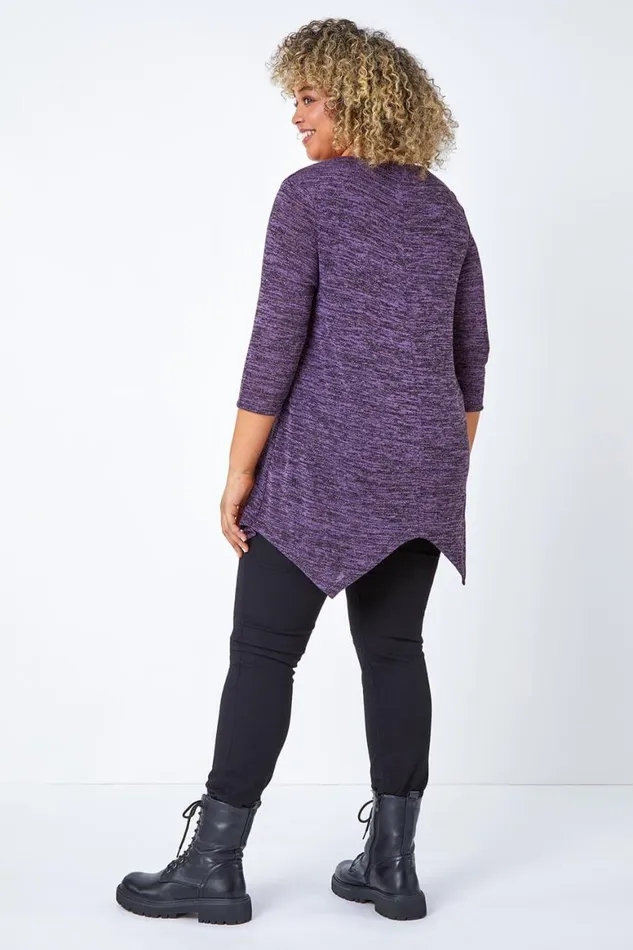 Women Purple Curve Glitter Stretch Hanky Hem Tunic Top Roman Tops