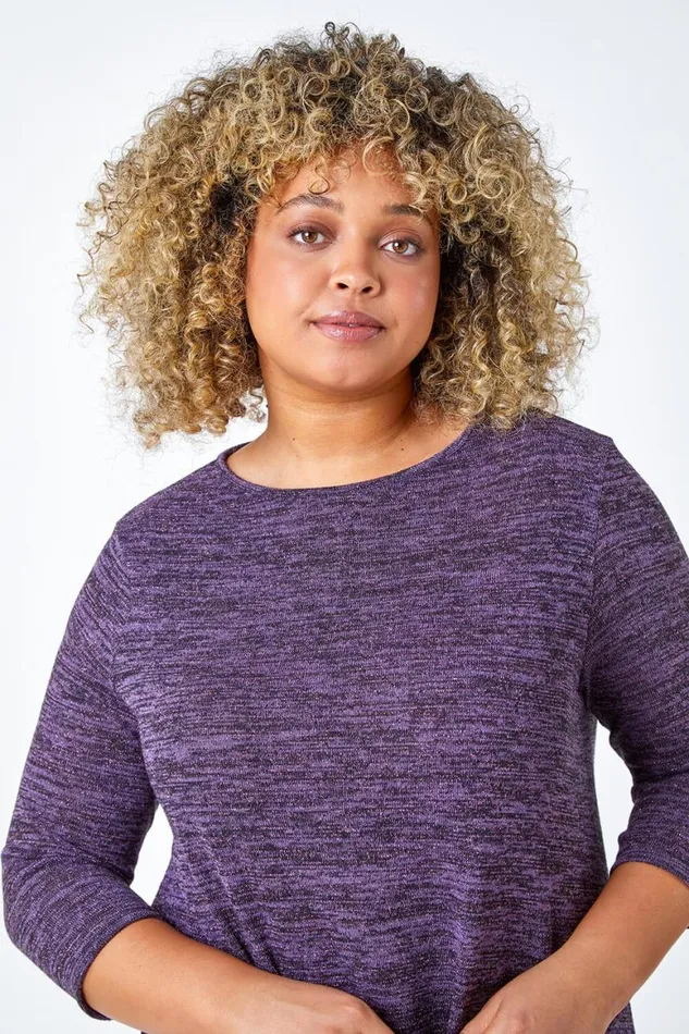 Women Purple Curve Glitter Stretch Hanky Hem Tunic Top Roman Tops