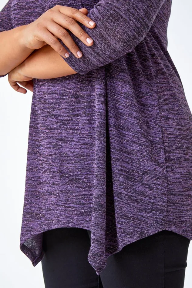 Women Purple Curve Glitter Stretch Hanky Hem Tunic Top Roman Tops