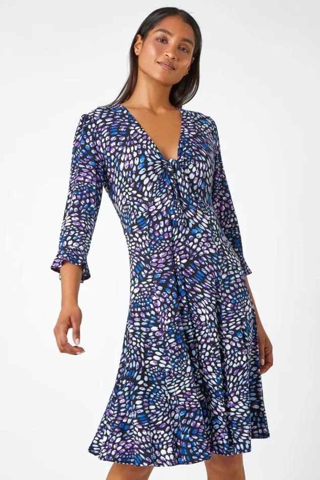 Women Purple Mosaic Print Frill Hem Stretch Dress Roman Dresses