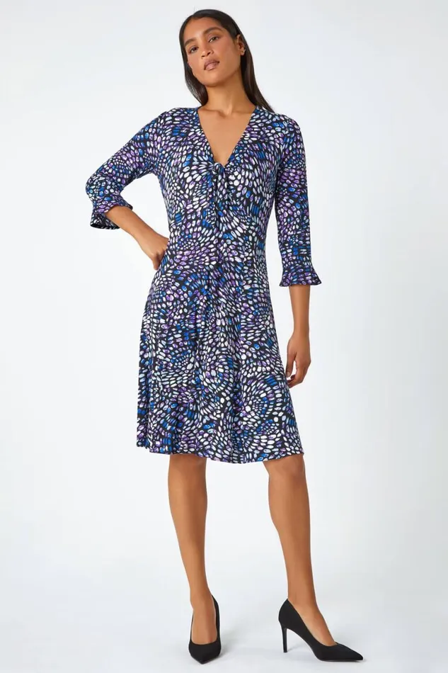 Women Purple Mosaic Print Frill Hem Stretch Dress Roman Dresses