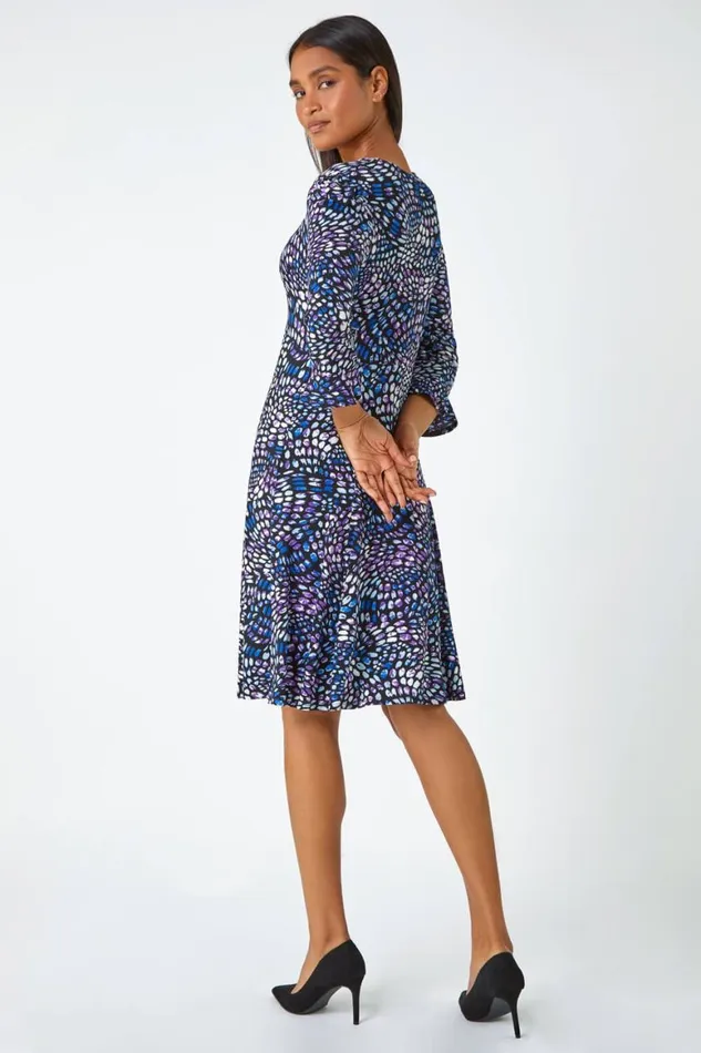 Women Purple Mosaic Print Frill Hem Stretch Dress Roman Dresses