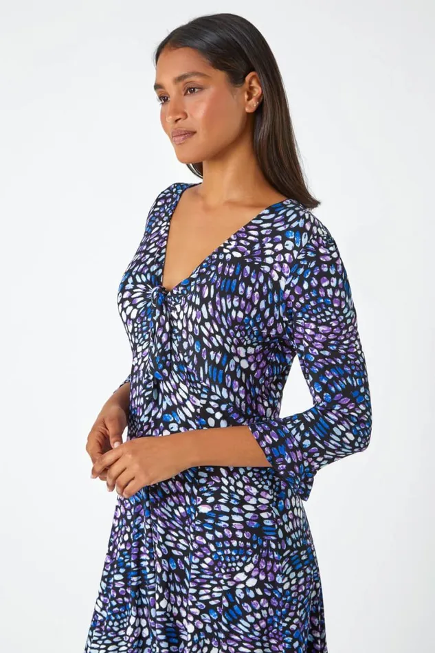 Women Purple Mosaic Print Frill Hem Stretch Dress Roman Dresses