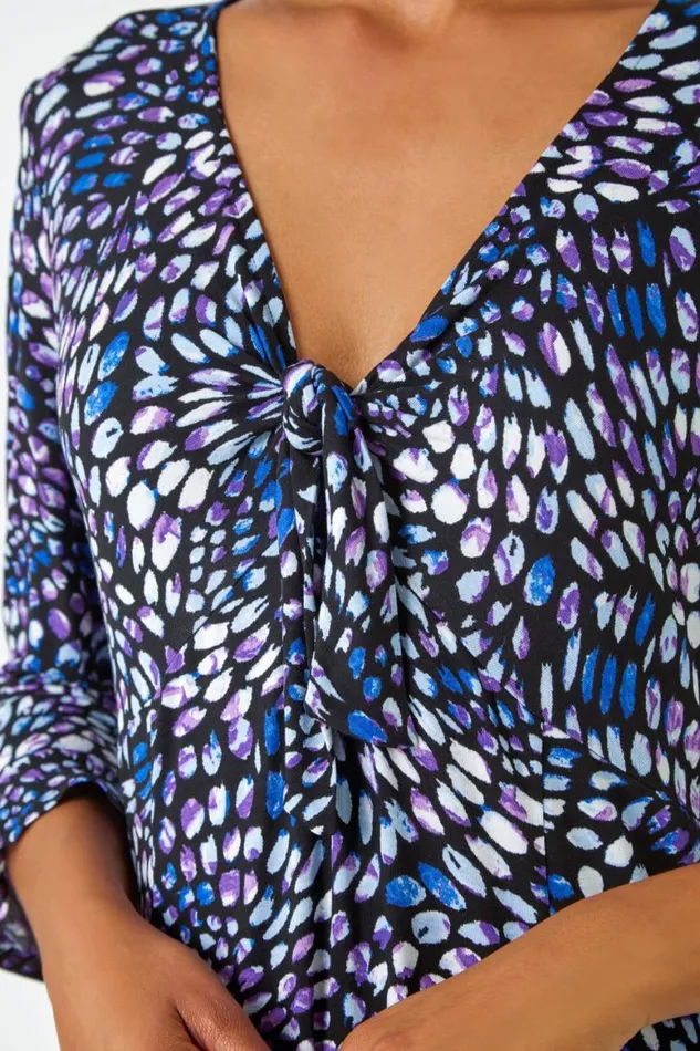 Women Purple Mosaic Print Frill Hem Stretch Dress Roman Dresses