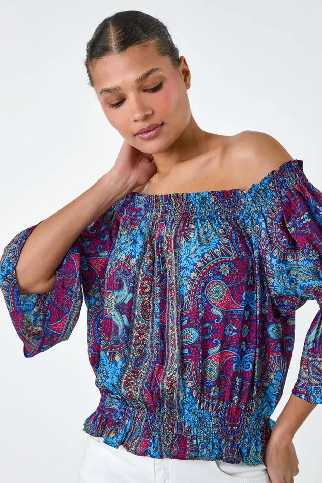 Women Purple Paisley Print Stretch Bardot Top Roman Tops