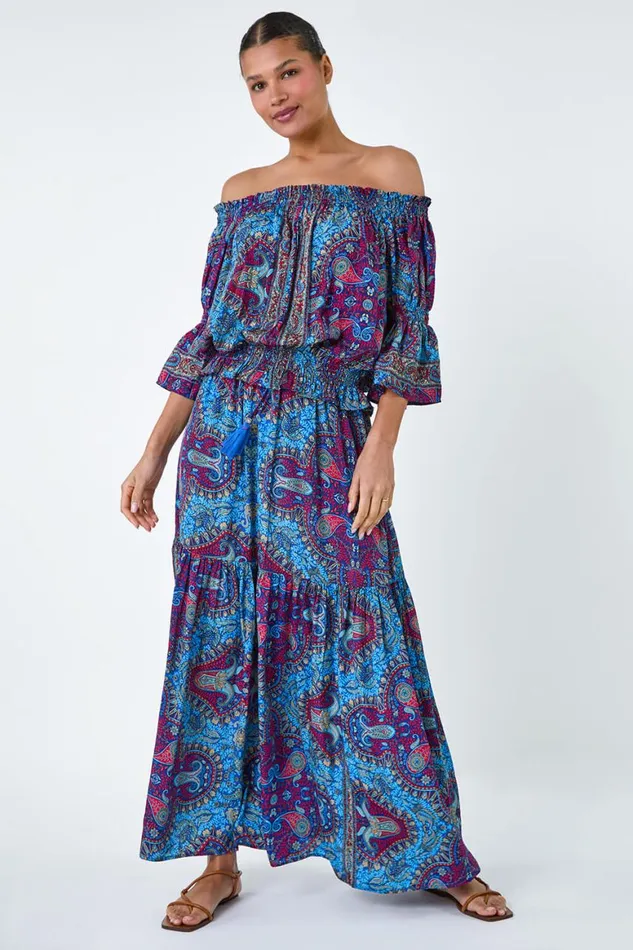 Women Purple Paisley Print Stretch Bardot Top Roman Tops