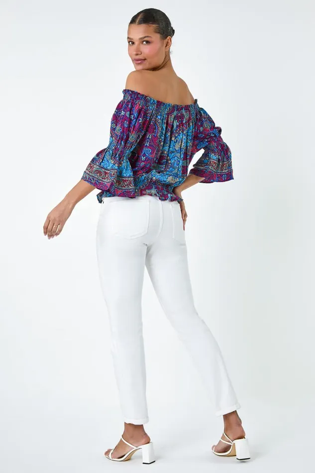 Women Purple Paisley Print Stretch Bardot Top Roman Tops