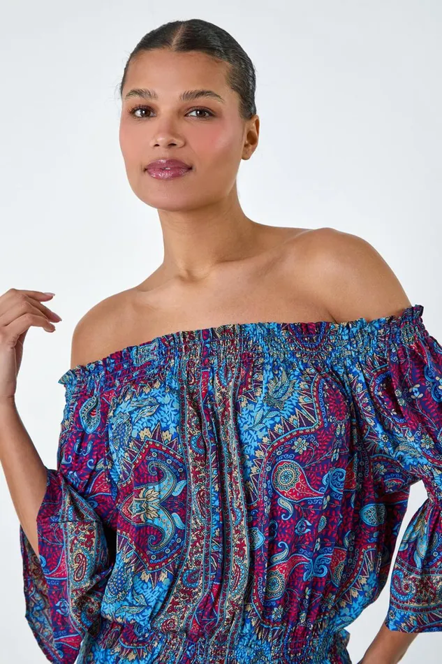 Women Purple Paisley Print Stretch Bardot Top Roman Tops