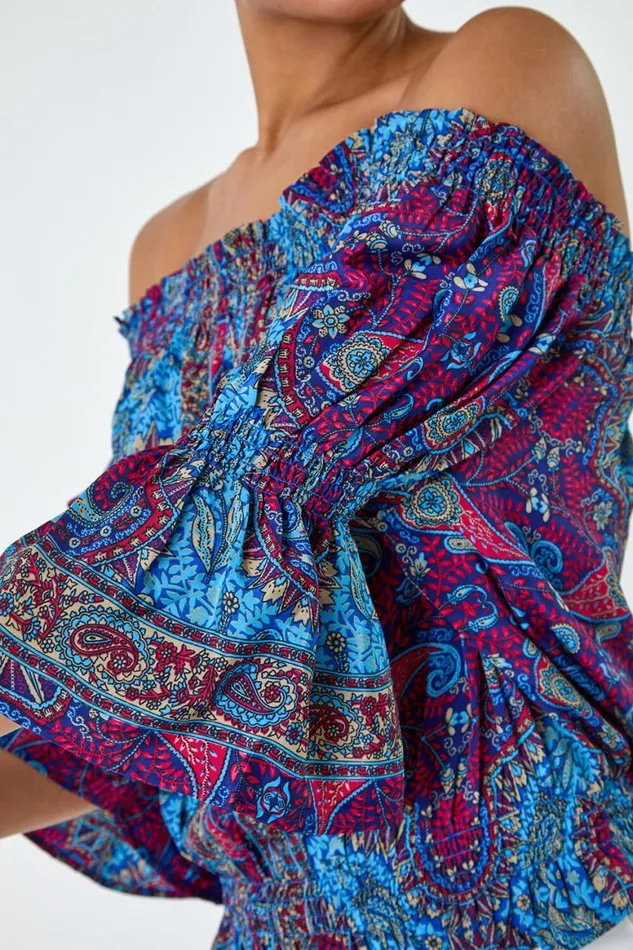 Women Purple Paisley Print Stretch Bardot Top Roman Tops