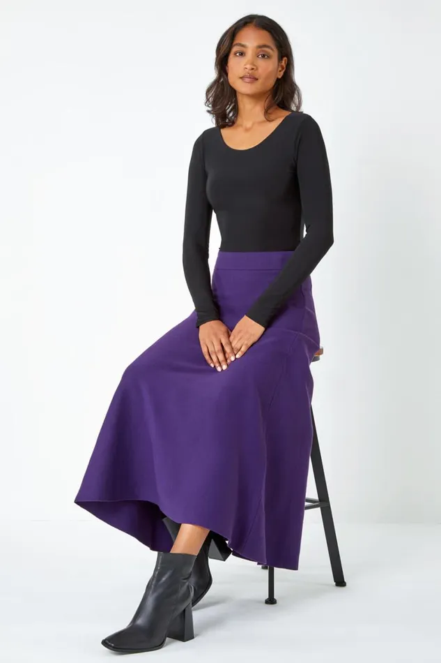 Women Purple Plain Elastic Waist Knitted A Line Midi Skirt Roman Skirts