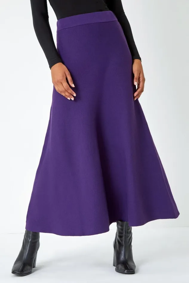 Women Purple Plain Elastic Waist Knitted A Line Midi Skirt Roman Skirts
